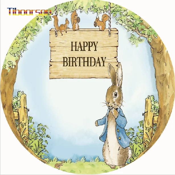 

Happy Birthday Easter Rabbit Custom Round Circular Table Cover Wrinkle Free Washable Seamless Polyester Fabric