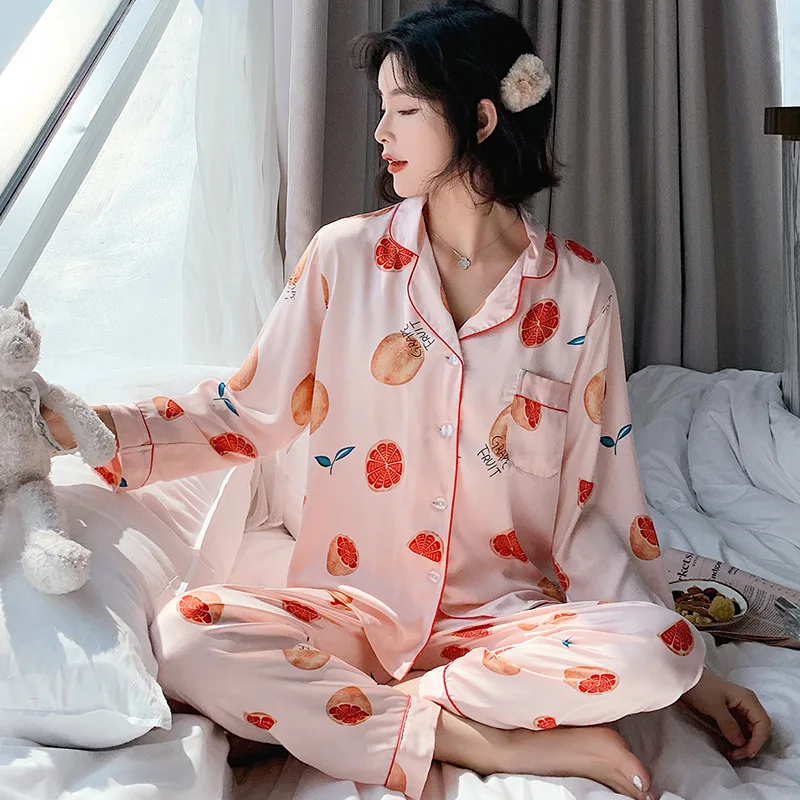Женский пижамный комплект весна и осень с длинными рукавами ледяной шелк тонкий срез из двух частей женский костюм милая Домашняя одежда женский пижамный комплект
