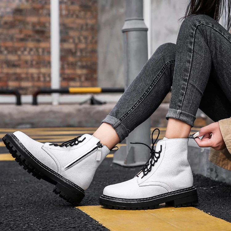 

Women Genuine Leather Martin Boots Autumn Winter Platform Chunky Women Waterproof Ankle Boots Zipper Short Booties Ladies