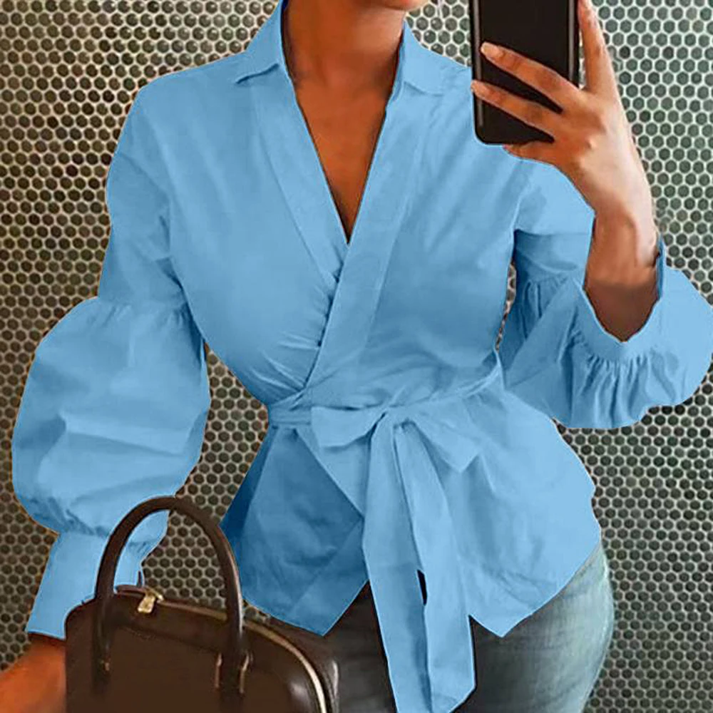 

Women Tops and Blouses 2019 Spring Lantern Sleeve Tunic Shirts Casual Loose V-Neck Female Blusas Mujer Belted Plus Size 2XL