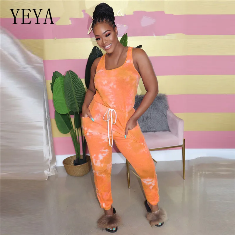 

YEYA Sexy Tie Dye Print Sleeveless Rompers Summer Women Jumpsuits Night Club Party Bodycon One Piece Long Vintage Playsuits