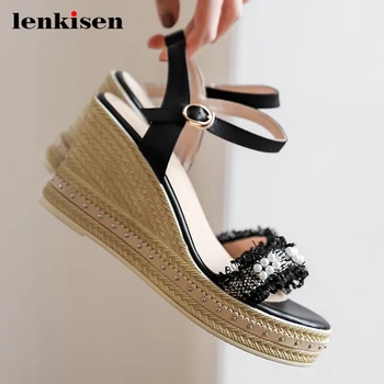 

Lenkisen new arrival pearl beading peep toe thick bottom wedges waterproof high heels buckle straps women summer sandals L18