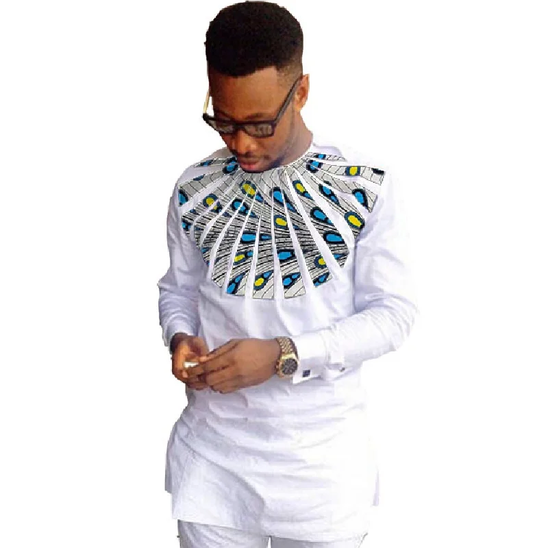 В африканском стиле модные мужские рубашки Анкара печати Длинные рукава dashiki рубашки отбеленный хлопок и воск матч О-образным вырезом топы
