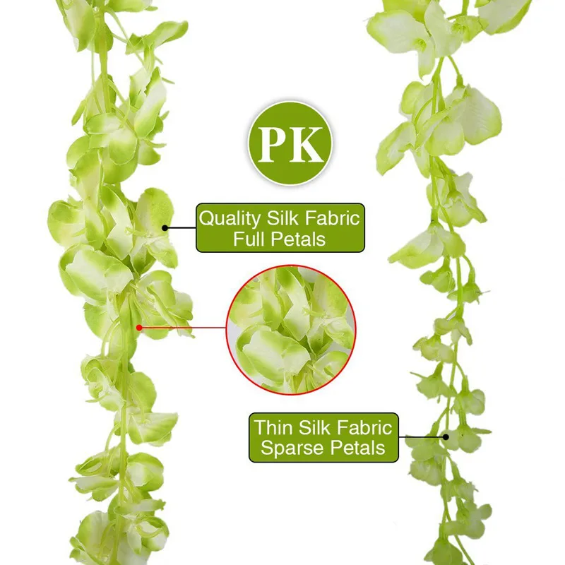 Artificial Silk Wisteria Vine Ratta Silk Hanging Flower Wedding Decor,6 Pieces,(Green