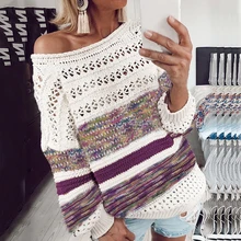 Вязаный женский свитер, осенняя Сексуальная полосатая Лоскутная куртка с открытыми плечами, пуловер, зимние топы с длинными рукавами, модная новинка