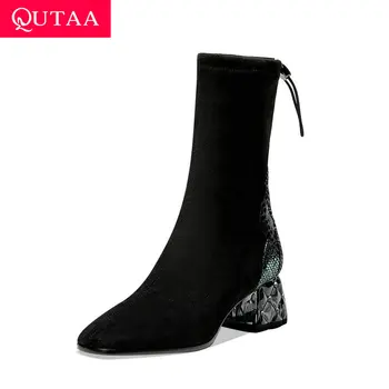 

QUTAA 2021 Square Toe Elegant Women Shoes Stretch Flock Genuine Leather Ankle Boots Crystal Square Heel Short Boots Size 34-42