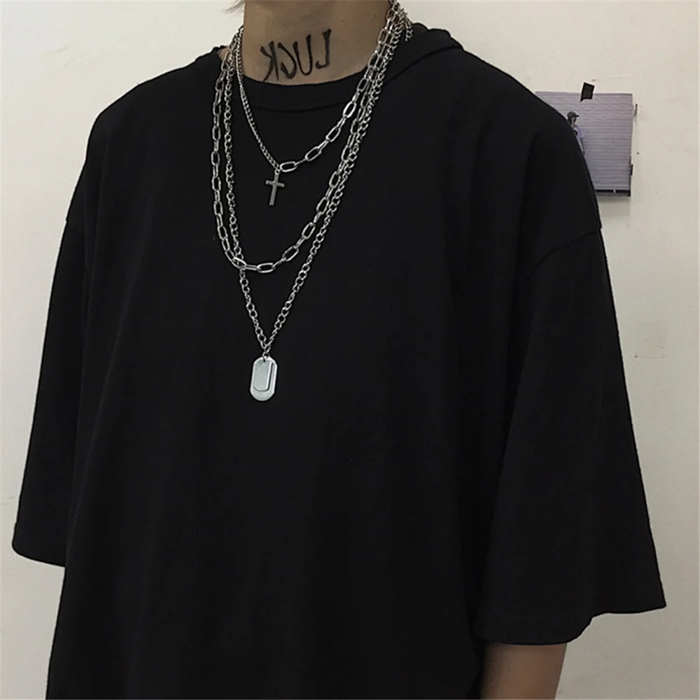 

Titanium steel Necklace Punk Multi Layer Cross Pendant Necklace Square Metal Hip Hop Long Cool Sweather Necklace Women Jewelry
