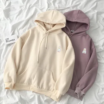 

Embroidery Thickening Sweatshirt Women Casual Oversize Harajuku Pink Apricot Hooded Fashion Pullover Female Loose Cotton Tops