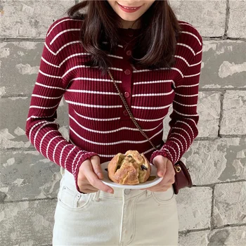 

New 2020 Autumn Winter Women Striped Sweater Buttons Knitted Pullovers Casual Fashionable Wild Ladies Tops Slim Fit