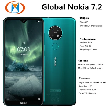 Перейти на Алиэкспресс и купить Международная версия Nokia 7,2 6GB 128GB мобильный телефон TA-1196 Dual SIM 6,3 дюймтройная задняя камера 48MP Передняя 20MP NFC 4G телефон
