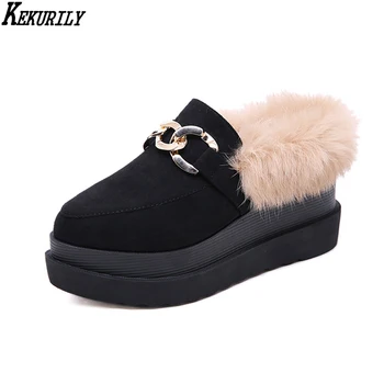 

Metal Decoration Wedges Shoes Women Pointed Toe Pump Fur Mules Platform Heel Slides Casual Heightening Shoes Suede Zapatos Mujer