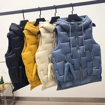 

Winter Hooded Thicken Cotton Womens Vests Drawstring Zipper Sleeveless Female Quilted Jackets 2020 Korean Solid Warm Ladies Vest