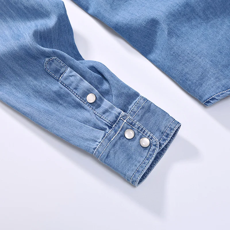 Spring Autumn Leisure time Men Denim Thin Shirt Long Sleeve Soft Two Pockets Slim Slight Jeans Cowboy