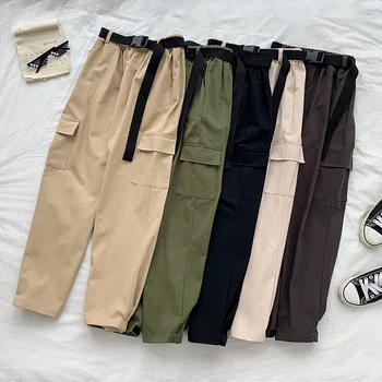 

Streetwear Cargo Pants Women High Waist Loose khaki green Black Pants with Belt Womens Trousers Hip Hop Pants pantalon femme