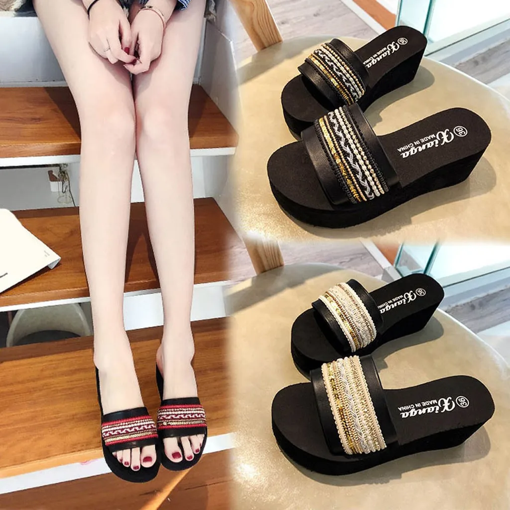 Women Slippers New Fashion Striped PU Outdoor Summer Beach Female Shoes Women Slippers Platform Shoes Dropship 53020