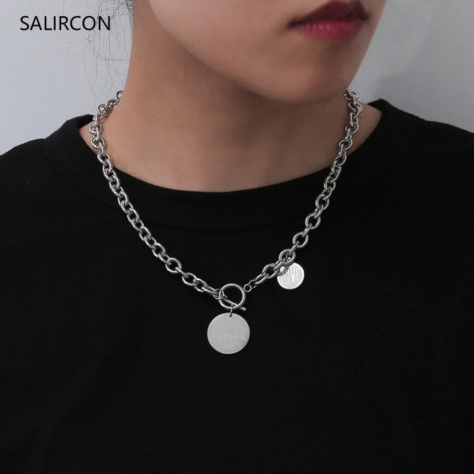 

Salircon Punk Round Coin Pendant Couple Necklace Goth Cuban Chain Stainless Steel Choker Necklace For Women Men Fashion Jewelry
