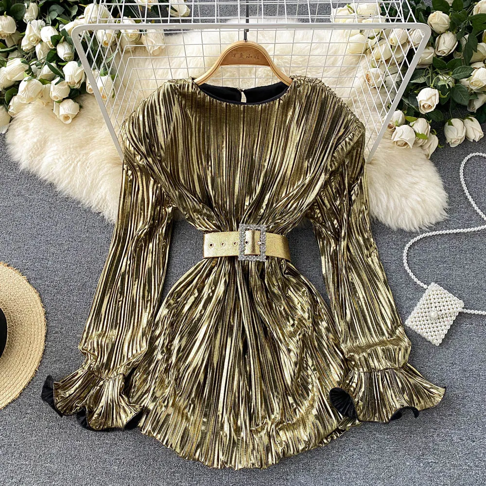 Women Gold Draped Party Dress With Sashes Female Elegant Round Neck Flare Long Sleeve Bling Vintage Mini Vestidos Spring Autumn | Женская