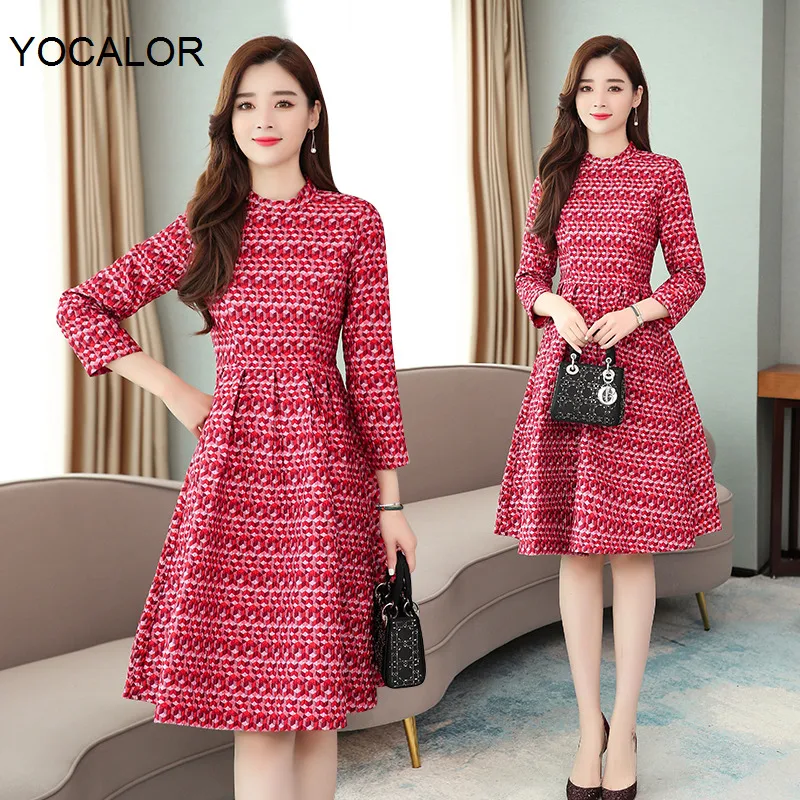 

2020 Vintage Female Red Plaid Midi Dresses Spring Summer New 3XL Plus Size Print Long Sleeve Dress Elegant Women Party Vestidos