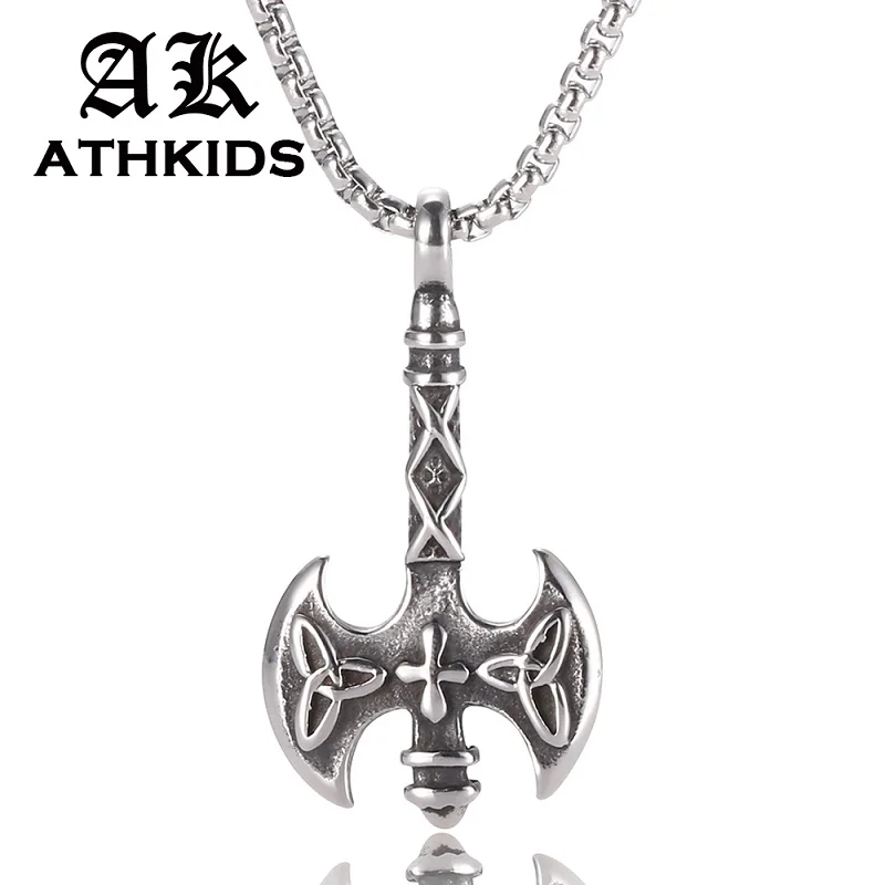 

Hip Hop Rock Silver Color Decorative Pattern Stainless Steel Hatchet Double Edged Axe Pendants Necklace for Men Jewelry PD0436