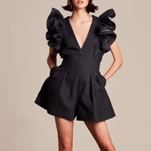 Black Jumpsuits For Women V Neck Ruffle Sleeve High Waist Short Pants Female 2019 Spring Streetwear Fashion Tide