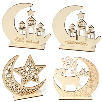 

4 PCS/SET Moon Star Muslim Islamic Home Decorative Crafts Wood Carving Eid Mubarak Ramadan Kareem Festival Decorations Decor