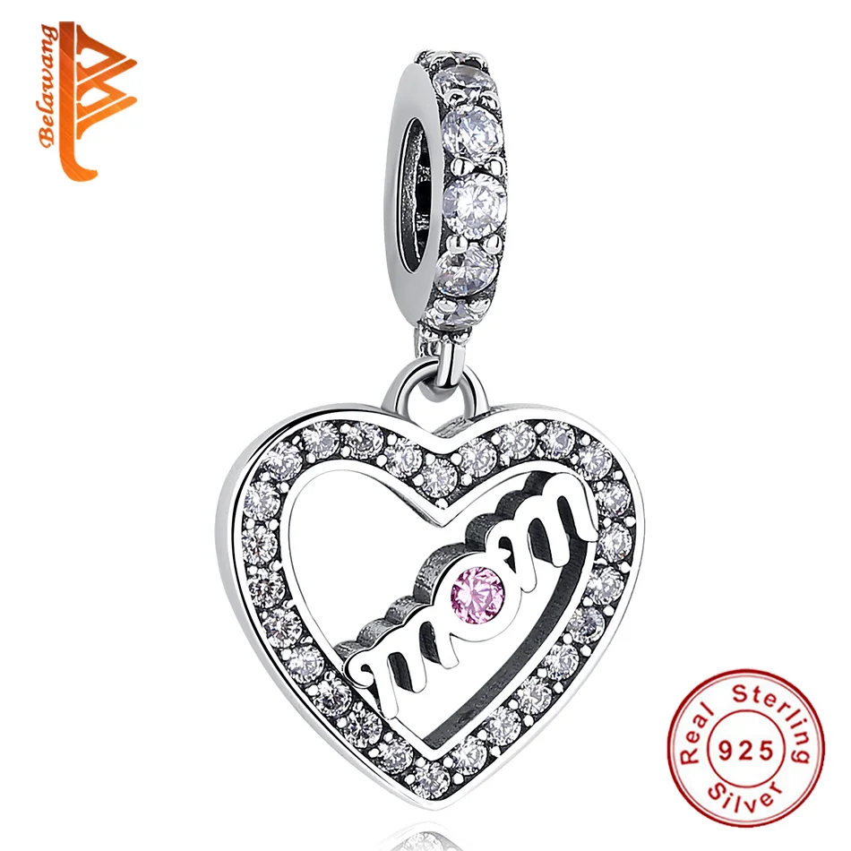 925 стерлингового серебра Mum надписи MOM Love Heart Подвески-шармы Pandora браслет Розовая Подвеска со стразами фианит DIY ювелирные изделия подарок для мамы