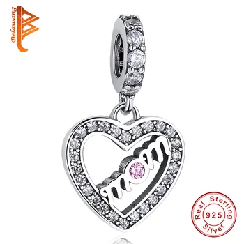 

925 Sterling Silver Mum Mom Love Heart Beads Charms fit Pandora Bracelet Pink CZ Crystal Pendant DIY Jewelry Gift For Mother