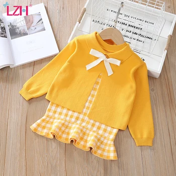 

LZH 2020 Autumn Winter Knitting Sweater Sleeveless Ruffle Dress 2Pcs Set 1-6 Years Clothes For Girls Leisure Grid Children Suit
