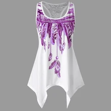 Жилет с принтом в виде перьев, безрукавки для женщин, летние кружевные Асимметричные повседневные топы для женщин, Femme Camisas Mujer