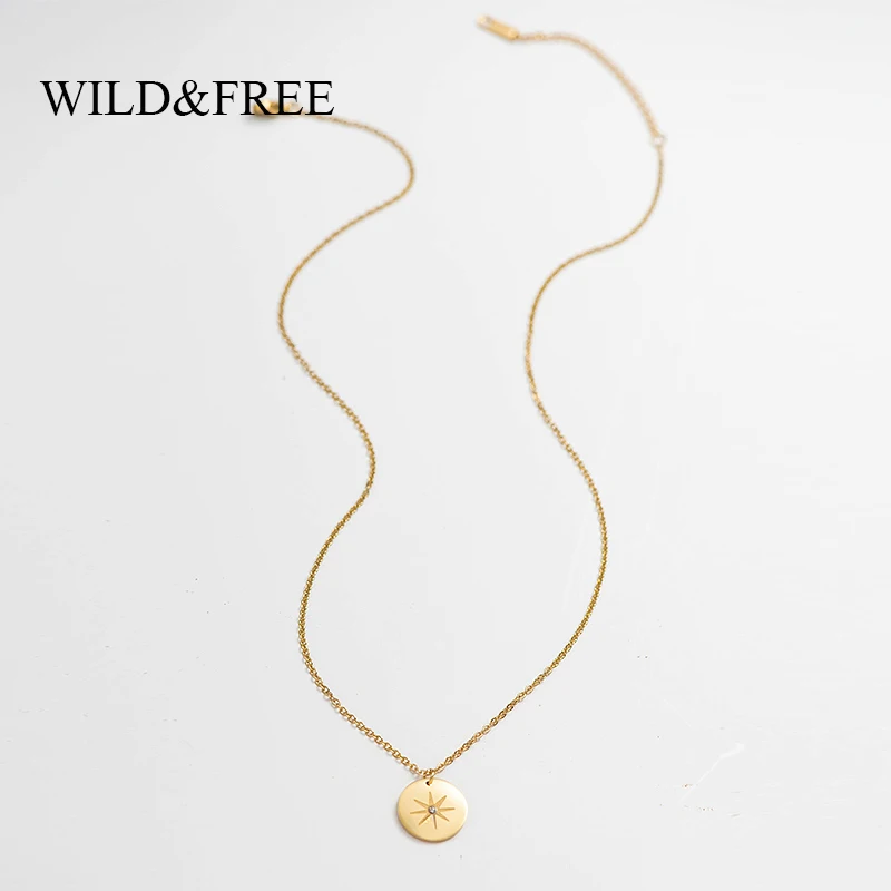 Wild&Free New Stainless Steel Gold Pendant Necklace For Women Girls Vintage Round Disc Star Shape Simple Necklace Jewelry Gift