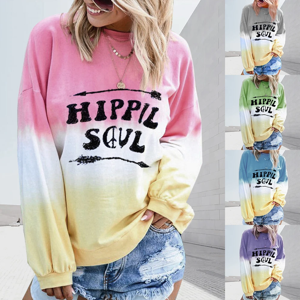 

Fashion 2019 Women's Sweatshirt Fashion Hoody Female Gradient Color Long Sleeve O-Neck Letter Printed Casual Sweatshirt Harajuku