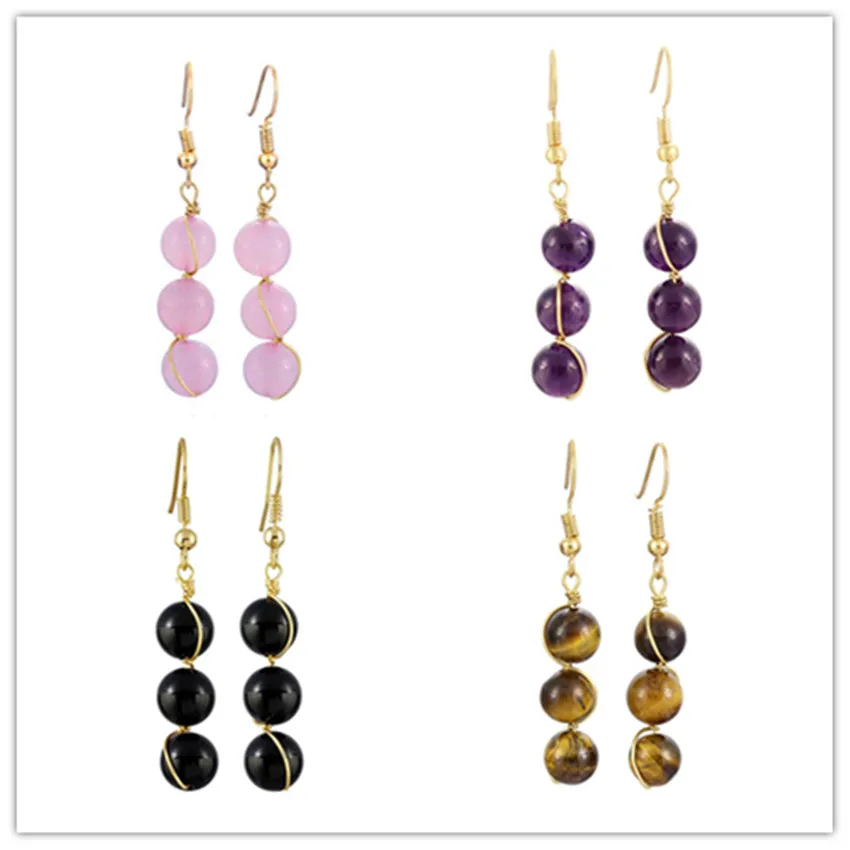 

FYJS Unique Light Yellow Gold Color Wire Wrap 6 mm Round Beads Tiger Eye Stone Earrings Black Agates Jewelry
