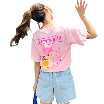 

Harajuku Kawaii Japanese Juice Milk Print Women T Shirt Hot Summer Loose Tee Top Short Sleeve Tshirt Sweet School Girl T-shirt