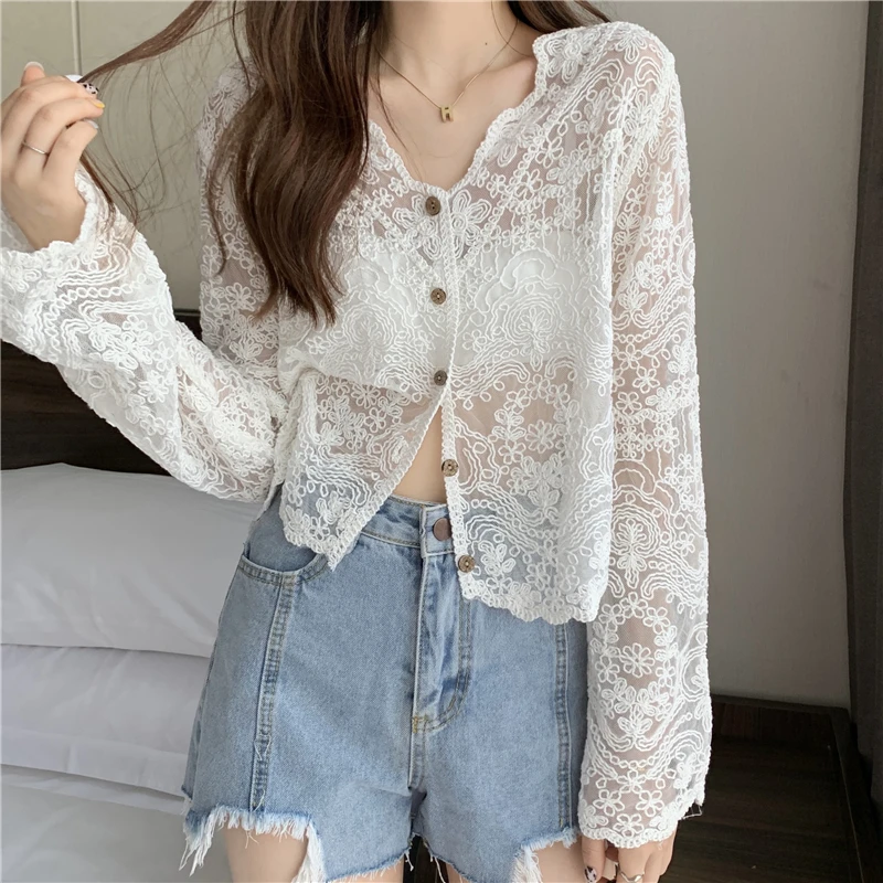 Embroidery Hook Flower Hollow Out Lace Shirt Blouse Women 2021 Sexy Casual Loose V-Neck Long Sleeve Sunscreen Top Bottomed Shirt