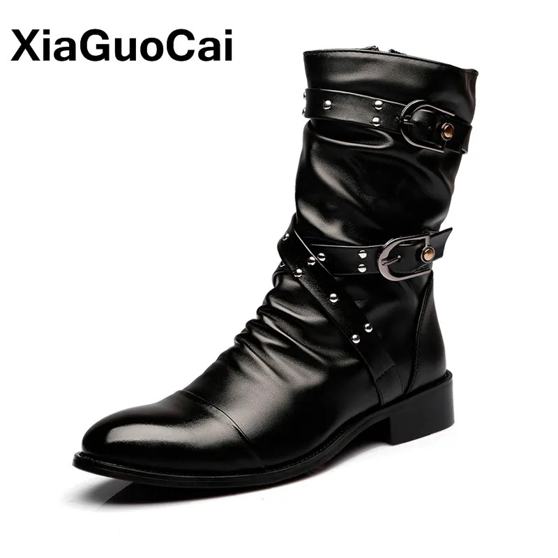 

Spring Western Men Military Boots British Pointed Toe Pleated Leather Winter Motorcycle Boots Mid-Calf High Top 2020 Male Shoes