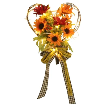 

Christmas Wreath Simulation Sunflower Ribbon Wall Hanging Autumn Thanksgiving Heart-Shaped Wreath with Light,Home Decor