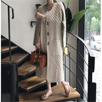 

New Loose Mid-length Sweater Cardigan Women Spring Fall Casual Solid Color Crew Collar Buttons Elegant Sweaters Coat Outwear