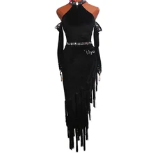 Новинка, костюм для латинских танцев, спандекс, кисточки, стразы, платье для латинских танцев для женщин, платья для латинских танцев, соревнований, черные