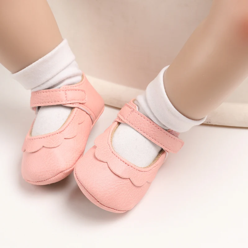 Infant Newborn Baby Girls Princess Non-Slip Floral Border Shoes Toddler Baby Soft PU Leather Prewalker Shoes Solid First Walkers