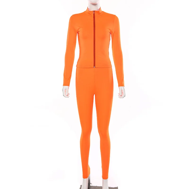 ANJAMANOR облегающий комплект из двух предметов, спортивный костюм, Осень-зима, сексуальные неоновые оранжевые костюмчики для женщин, спортивный костюм, толстовка с капюшоном и штаны, D87AD71