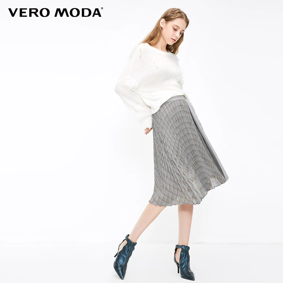 Vero Moda Женская контрастная плиссированная юбка средней длины с узором «гусиная лапка» | 318316543