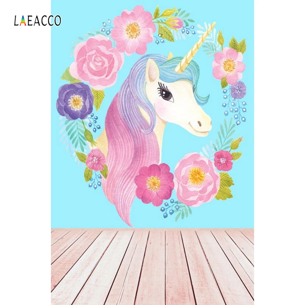 

Laeacco Flowers Wreath Unicorn Pattern Wooden Floor Baby Photography Backgrounds Vinyl Custom Camera Backdrop For Photo Studio
