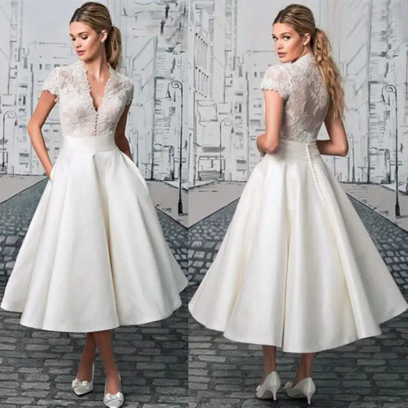 White simple evening dresses Lace V-neck Medium and long section Formal party dress Elegant retro Robe de soiree 2019 New robe | Свадьбы и