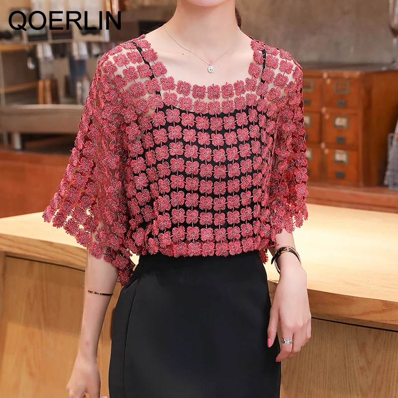 QOERLIN 2 Pieces Embroidered Chiffon Shirt Summer Suspender Top Two Piece Lace Hollow Mesh Top Sexy Temperament Pullover Blouse sheer mesh patch corset slit evening dress for women 2023 new skinny fashion temperament sexy slimming high waist sling style