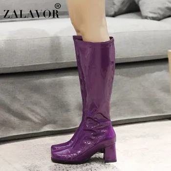 

ZALAVOR Women Pu Leather 2020 Simple Knee High Boots Zipper Winter Round Toe Chunky Heels Long Boots Club Botas Size 35-39