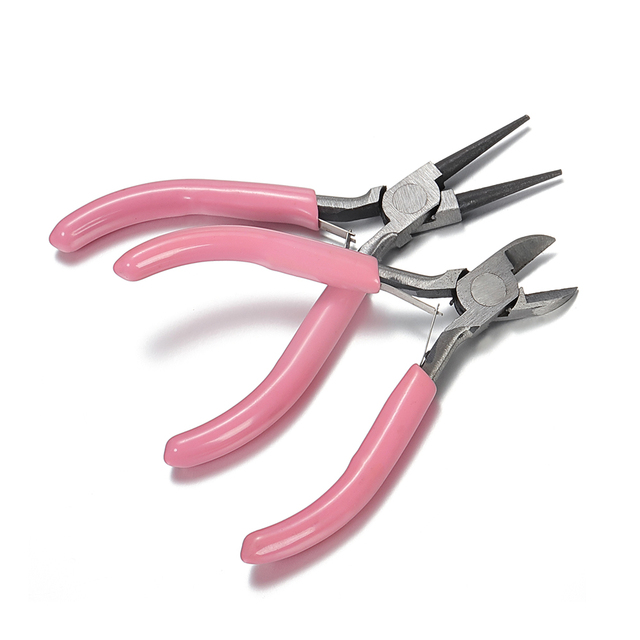 Mini Jewelry Pliers Set DIY Jewelry Making and Fixing Tools Pink Handle with Scissors, Copper Wire Cutting, Oblique Pliers