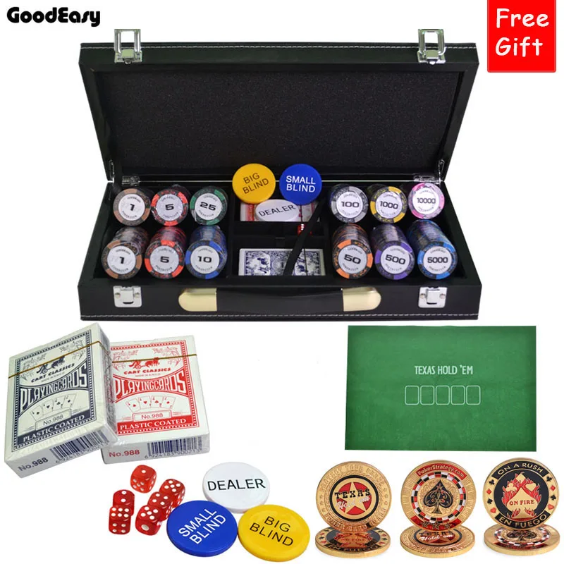 300Pcs Set 200/300/400/500 шт./компл. фишки для покера наборы пшеницы глины казино Техасский Холдем покерный набор с защитный кожух кожаный чемодан 14 г/шт. бесплатный подарок - Цвет: 300Pcs Set