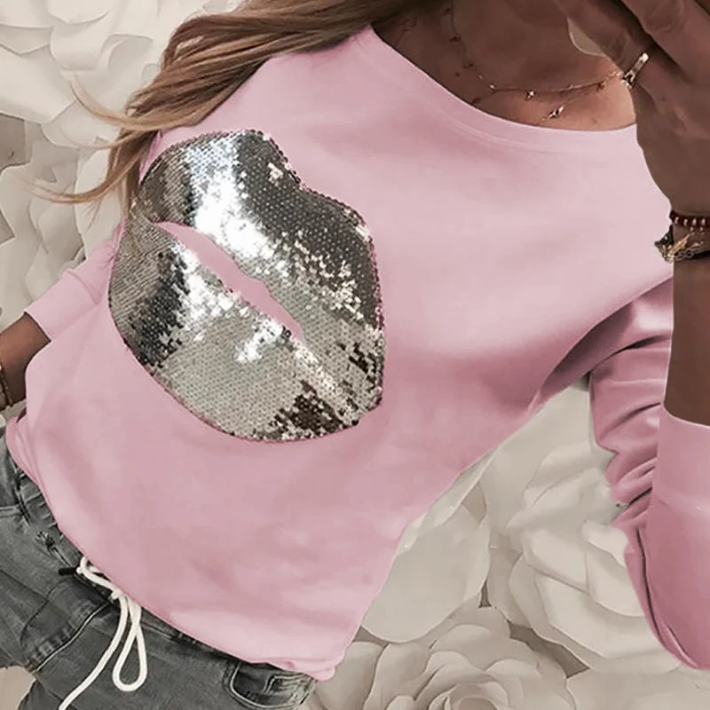 Pink Весенние женские топы, популярные футболки с блестками в виде губ, черно-белая Повседневная футболка, женская футболка с круглым вырезом и длинным рукавом, футболки размера плюс 3XL G1113 - Цвет: Pink