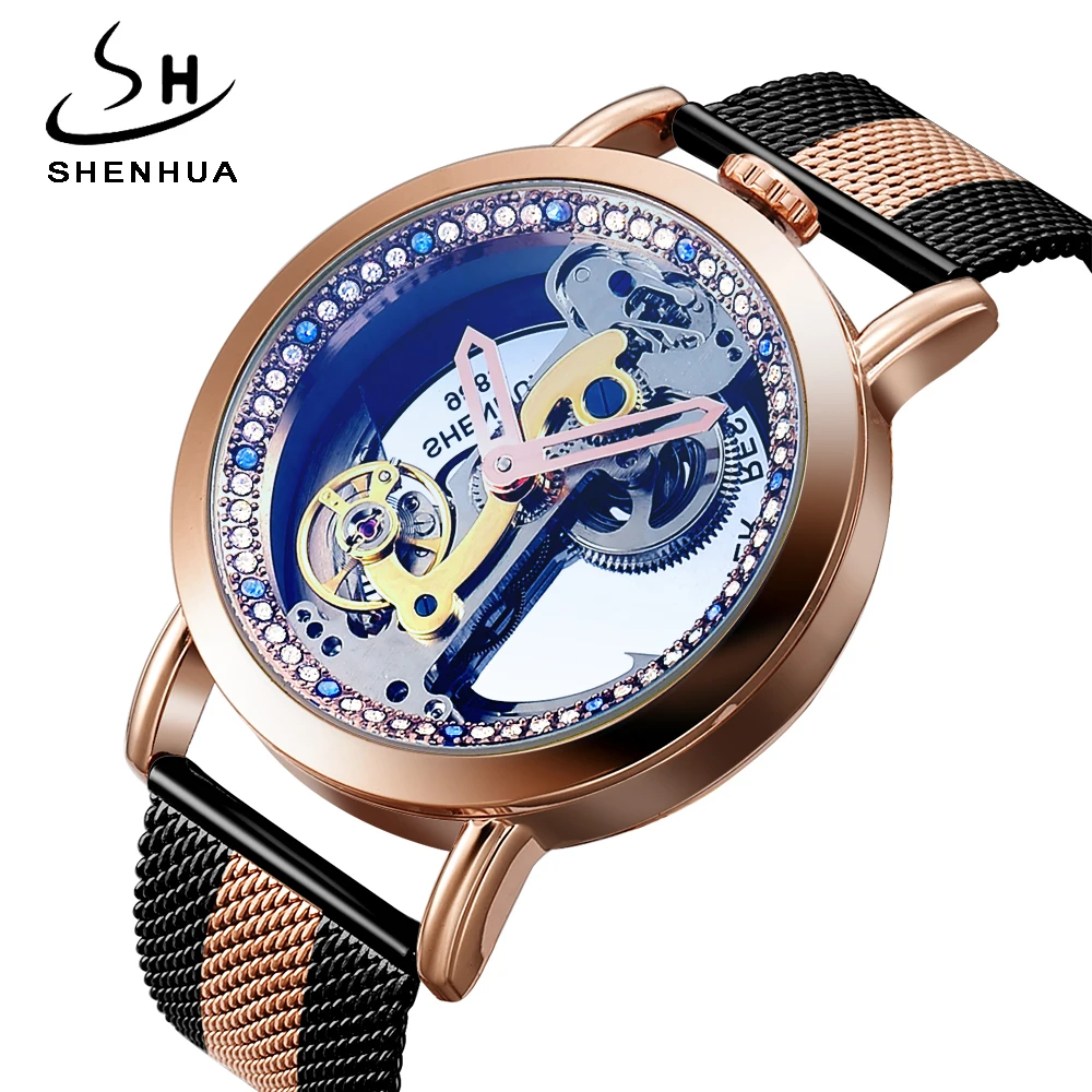 Classic Large dial Women Mesh Strap Mechanical Watches Transparent Skeleton Fashion Diamond Luxury Women automatic Watches Clock forsining blue ocean mysterious apple mesh band double side transparent creative skeleton watch top brand luxury automatic clock