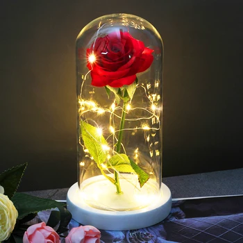

Artificial Flowers Beauty And The Beast Red Rose In A Glass Dome On A Wooden Base For Valentine's Gifts LED Rose Lamps Christmas